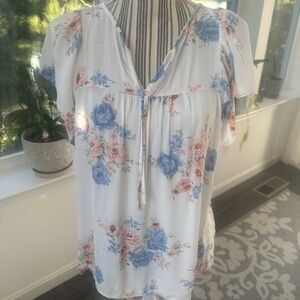 LOFT White Floral V-Neck Peasant Blouse in Blue & Blush